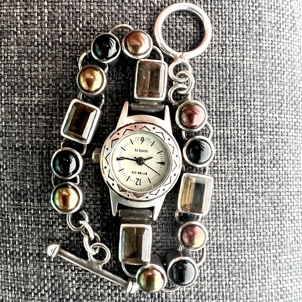 Vintage Peyote Bird Smoky Quartz Navajo Pearl Black Onyx & Silver Watch Bracelet - Picture 14 of 17